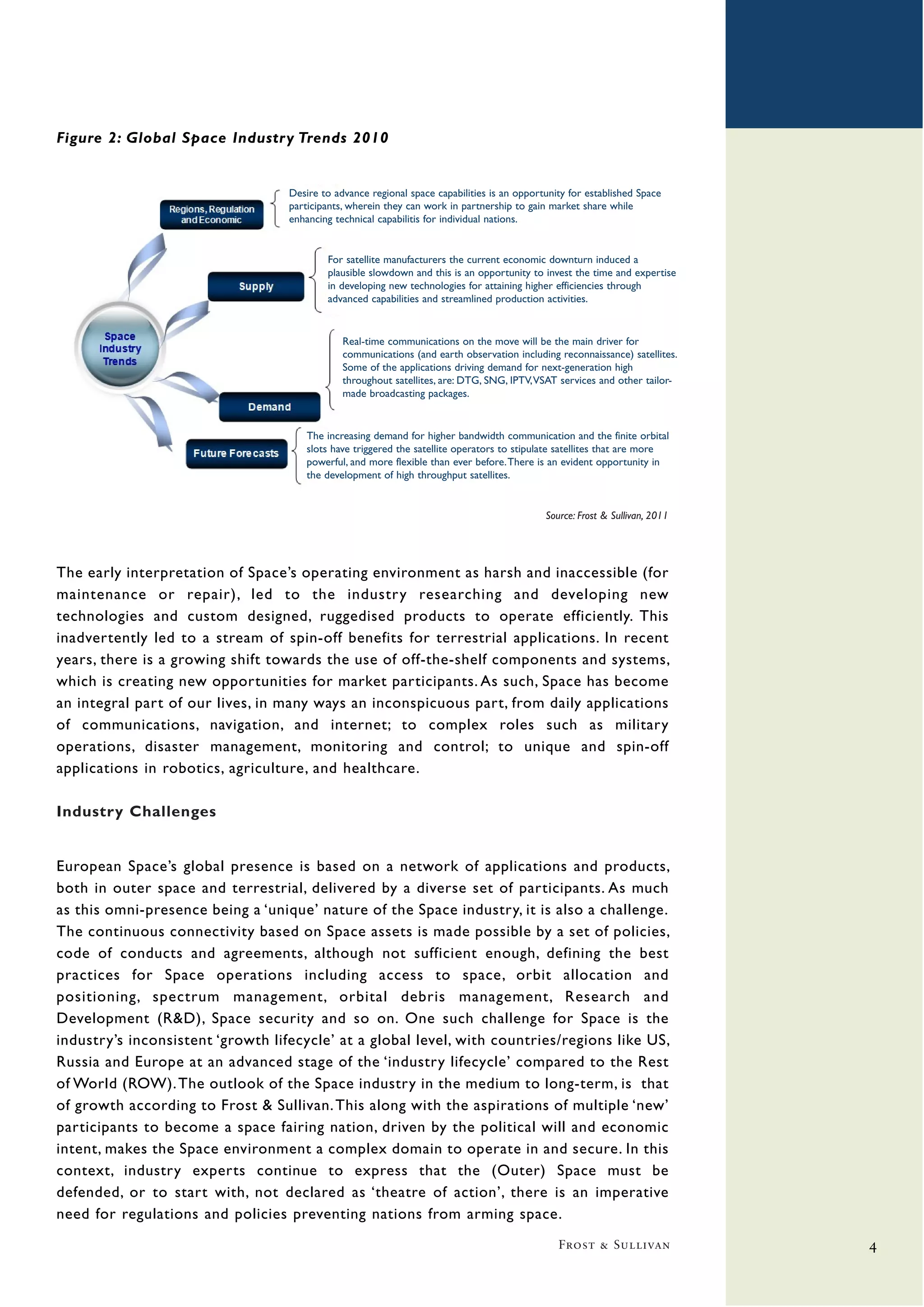 Figure 2: Global Space Industry Trends 2010


                                   Desire to advance regional space capabilities is an opportunity for established Space
                                   participants, wherein they can work in partnership to gain market share while
                                   enhancing technical capabilitis for individual nations.


                                           For satellite manufacturers the current economic downturn induced a
                                           plausible slowdown and this is an opportunity to invest the time and expertise
                                           in developing new technologies for attaining higher efficiencies through
                                           advanced capabilities and streamlined production activities.


                                               Real-time communications on the move will be the main driver for
                                               communications (and earth observation including reconnaissance) satellites.
                                               Some of the applications driving demand for next-generation high
                                               throughout satellites, are: DTG, SNG, IPTV, VSAT services and other tailor-
                                               made broadcasting packages.


                                       The increasing demand for higher bandwidth communication and the finite orbital
                                       slots have triggered the satellite operators to stipulate satellites that are more
                                       powerful, and more flexible than ever before. There is an evident opportunity in
                                       the development of high throughput satellites.


                                                                                             Source: Frost & Sullivan, 2011




The early interpretation of Space’s operating environment as harsh and inaccessible (for
maintenance or repair), led to the industry researching and developing new
technologies and custom designed, ruggedised products to operate efficiently. This
inadvertently led to a stream of spin-off benefits for terrestrial applications. In recent
years, there is a growing shift towards the use of off-the-shelf components and systems,
which is creating new opportunities for market participants. As such, Space has become
an integral part of our lives, in many ways an inconspicuous part, from daily applications
of communications, navigation, and internet; to complex roles such as military
operations, disaster management, monitoring and control; to unique and spin-off
applications in robotics, agriculture, and healthcare.

Industry Challenges


European Space’s global presence is based on a network of applications and products,
both in outer space and terrestrial, delivered by a diverse set of participants. As much
as this omni-presence being a ‘unique’ nature of the Space industry, it is also a challenge.
The continuous connectivity based on Space assets is made possible by a set of policies,
code of conducts and agreements, although not sufficient enough, defining the best
practices for Space operations including access to space, orbit allocation and
positioning, spectrum management, orbital debris management, Research and
Development (R&D), Space security and so on. One such challenge for Space is the
industry’s inconsistent ‘growth lifecycle’ at a global level, with countries/regions like US,
Russia and Europe at an advanced stage of the ‘industry lifecycle’ compared to the Rest
of World (ROW). The outlook of the Space industry in the medium to long-term, is that
of growth according to Frost & Sullivan. This along with the aspirations of multiple ‘new’
participants to become a space fairing nation, driven by the political will and economic
intent, makes the Space environment a complex domain to operate in and secure. In this
context, industry experts continue to express that the (Outer) Space must be
defended, or to start with, not declared as ‘theatre of action’, there is an imperative
need for regulations and policies preventing nations from arming space.
                                                                                                Frost & Sullivan              4
 