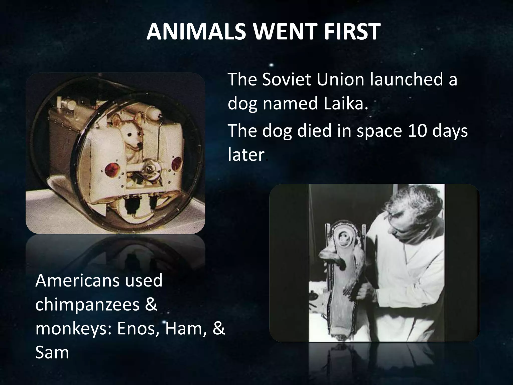 ANIMALS WENT FIRST
                        The Soviet Union launched a
                        dog named Laika.
                        The dog died in space 10 days
                        later.




Americans used
chimpanzees &
monkeys: Enos, Ham, &
Sam
 