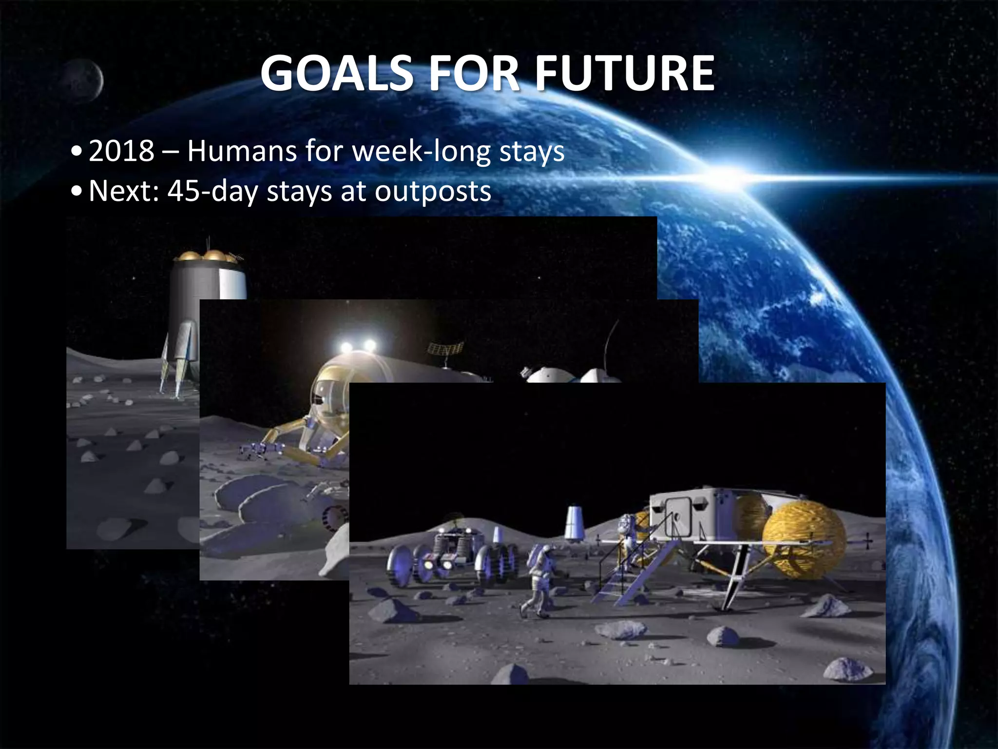 GOALS FOR FUTURE
•2018 – Humans for week-long stays
•Next: 45-day stays at outposts
 