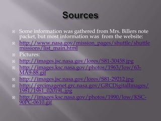 SourcesSome information was gathered from Mrs. Billers note packet, but most information was  from the website:http://www.nasa.gov/mission_pages/shuttle/shuttlemissions/list_main.htmlPictures:http://images.jsc.nasa.gov/lores/S81-30458.jpghttp://images.ksc.nasa.gov/photos/1963/low/63-MA9-88.gifhttp://images.jsc.nasa.gov/lores/S81-29212.jpghttp://grcimagenet.grc.nasa.gov/GRCDigitalImages/1981/1981_02019L.jpghttp://images.ksc.nasa.gov/photos/1990/low/KSC-90PC-0610.gif
