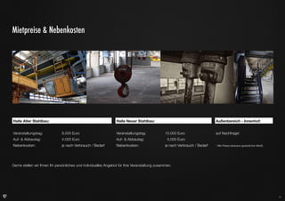 Mietpreise & Nebenkosten

Halle Alter Stahlbau:				

Halle Neuer & Alter Stahlbau (komplett):	

Außenbereich - Innenhof:			

Veranstaltungstag:		

9.400 Euro

Veranstaltungstag:		

18.000 Euro

auf Nachfrage!

Auf- & Abbautag: 		

4.700 Euro

Auf- & Abbautag: 		

9.000 Euro

Nebenkosten:			

je nach Verbrauch / Bedarf

Nebenkosten:			

je nach Verbrauch / Bedarf

	

* Alle Preise exklusive gesetzlicher MwSt.

Gerne stellen wir Ihnen Ihr persönliches und individuelles Angebot für Ihre Veranstaltung zusammen.

12

 
