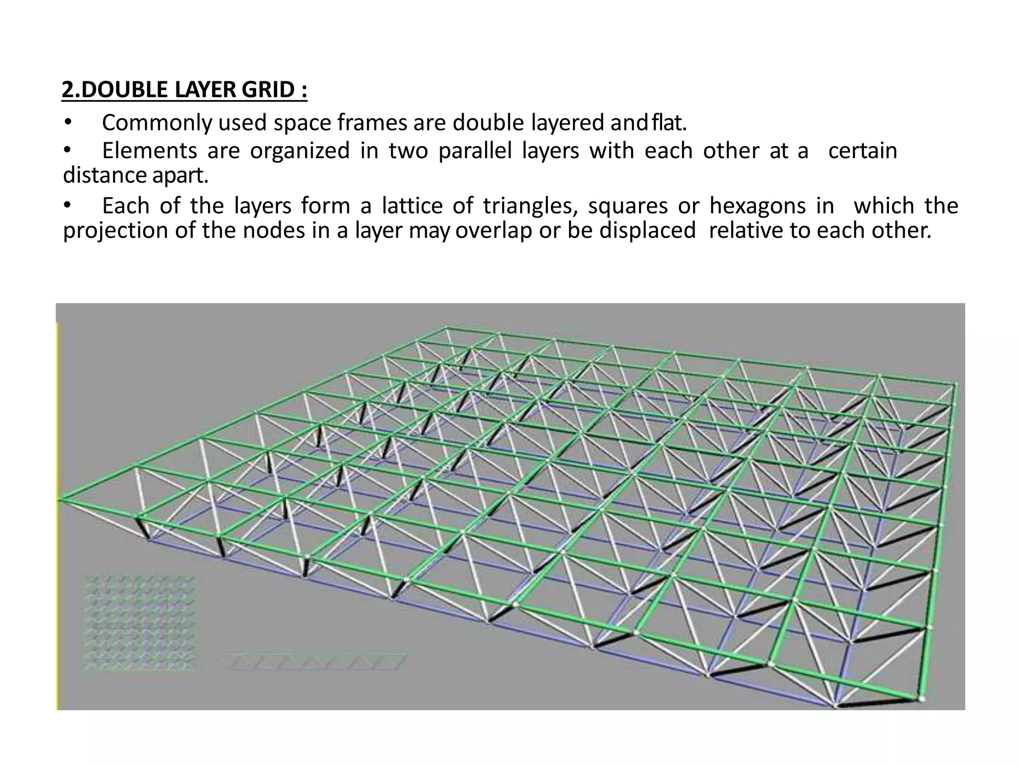 2.DOUBLE LAYER GRID :
• Commonly used space frames are double layered andflat.
• Elements are organized in two parallel layers with each other at a certain
distance apart.
• Each of the layers form a lattice of triangles, squares or hexagons in which the
projection of the nodes in a layer may overlap or be displaced relative to each other.
 