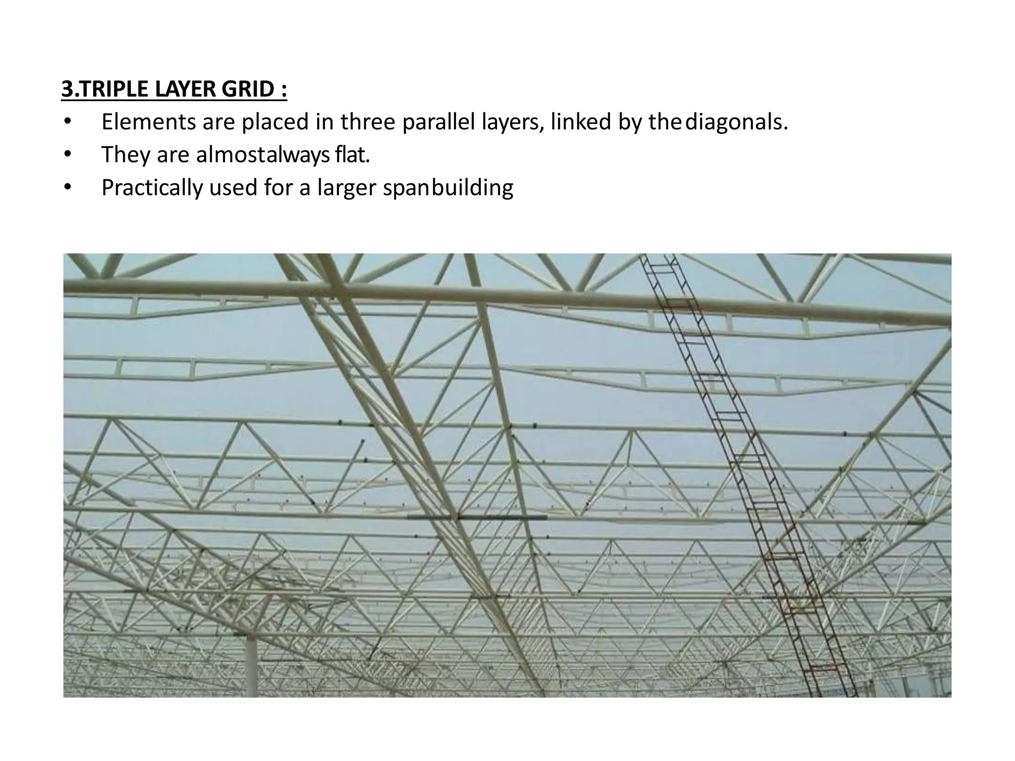 3.TRIPLE LAYER GRID :
• Elements are placed in three parallel layers, linked by thediagonals.
• They are almostalways flat.
• Practically used for a larger spanbuilding
 