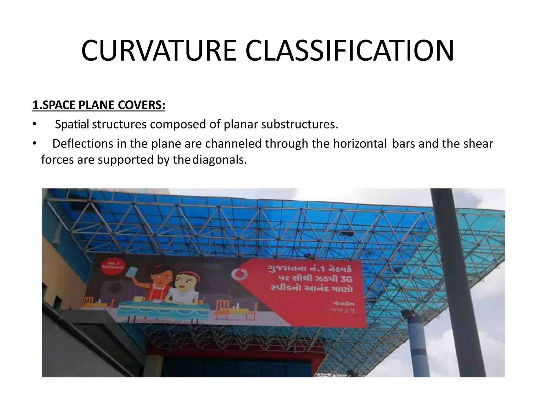CURVATURE CLASSIFICATION
1.SPACE PLANE COVERS:
• Spatial structures composed of planar substructures.
• Deflections in the plane are channeled through the horizontal bars and the shear
forces are supported by thediagonals.
 