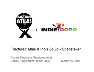 +


Fractured Atlas & IndieGoGo - Spacetaker

Dianne Debicella, Fractured Atlas
Danae Ringelmann, IndieGoGo         March 10, 2011
 
