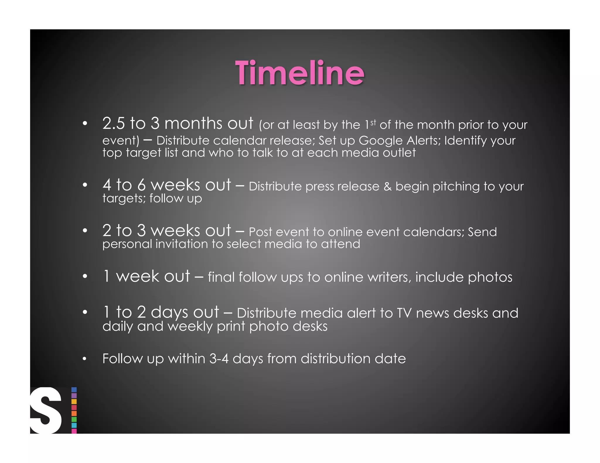•  2.5 to 3 months out (or at least by the 1st of the month prior to your
   event) – Distribute calendar release; Set up Google Alerts; Identify your
     top target list and who to talk to at each media outlet

•  4 to 6 weeks out – Distribute press release & begin pitching to your
     targets; follow up

•  2 to 3 weeks out – Post event to online event calendars; Send
     personal invitation to select media to attend

•  1 week out – final follow ups to online writers, include photos

•  1 to 2 days out – Distribute media alert to TV news desks and
     daily and weekly print photo desks

•    Follow up within 3-4 days from distribution date
 