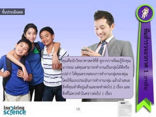 ขั้นประเมินผล

SS1

13

ทีมสำรวจอวกำศ 1 ภำรกิจ!

คุณคือนักวิทยำศำสตร์ที่ดี ดูจำกกำรที่ผมรู้จักคุณ
มำก่อน! แต่คุณสำมำรถทำงำนเป็นกลุ่มได้ดีหรือ
เปล่ำ? ให้คุณตรวจสอบกำรทำงำนกลุ่มของคุณ
โดยใช้แบบประเมินกำรทำงำนกลุม แล้วนำเสนอ
่
สิ่งที่คุณทำดีอยู่แล้วและจะทำต่อไป 2 เรื่อง และ
สิ่งที่ไม่ควรทำในครำวต่อไป 1 เรื่อง

 