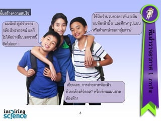 ขั้นสร้ำงควำมสนใจ
ผมนึกถึงรูปร่ำงของ
กล้องโทรทรรศน์ แต่ก็
ไม่ได้อย่ำงอื่นนอกจำกนี้
คิดไม่ออก !

เยี่ยมเลย..กำรถ่ำยภำพท้องฟ้ำ
ด้วยกล้องดิจิตอล? หรือเขียนแผนภำพ
ท้องฟ้ำ?
6

ทีมสำรวจอวกำศ 1 ภำรกิจ!

ใช้นับจำนวนดวงดำวที่เรำเห็น
บนท้องฟ้ำมั้ง? และศึกษำรูปแบบ
หรือตำแหน่งของกลุ่มดำว?

 