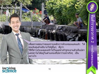 ขันประเมินผล
้

18

ทีมสำรวจอวกำศ 2 กำรหักเหของแสง

เพือตรวจสอบวาคุณทราบหลักการหักเหของแสงแลว ให้
่
่
้
คุณจับคูแลวอธิบายให้คูอืนๆ ฟังวา
่ ้
่ ่
่
วิธทชาวประมงมองเขาไปในแมน้าเจ้าพระยาแลวเห็นปลา
ี ี่
้
่
้
แตปลาไมไดอยูในตาแหน่งทีปลาวายน้าจริงๆ เป็ น
่
่
่ ้ ่
่
อยางไร
่

 