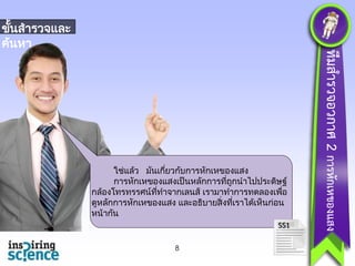 ใช่แลว มันเกียวกับการหักเหของแสง
่
้
การหักเหของแสงเป็ นหลักการทีถกนาไปประดิษฐ ์
่ ู
กลองโทรทรรศนทีทาจากเลนส์ เรามาทาการทดลองเพือ
่
้
์ ่
ดูหลักการหักเหของแสง และอธิบายสิ่ งทีเราไดเห็นกอน
่
้
่
หน้ากัน

SS1

8

ทีมสำรวจอวกำศ 2 กำรหักเหของแสง

ขันสารวจและ
้
ค้นหา

 