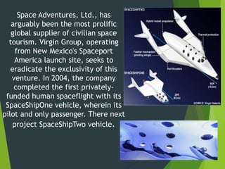 Space Adventures, Ltd., has
arguably been the most prolific
global supplier of civilian space
tourism. Virgin Group, operating
from New Mexico's Spaceport
America launch site, seeks to
eradicate the exclusivity of this
venture. In 2004, the company
completed the first privately-
funded human spaceflight with its
SpaceShipOne vehicle, wherein its
pilot and only passenger. There next
project SpaceShipTwo vehicle.
 