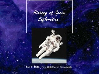 History of Space
        Exploration




Feb 7, 1984: First Untethered Spacewalk
 
