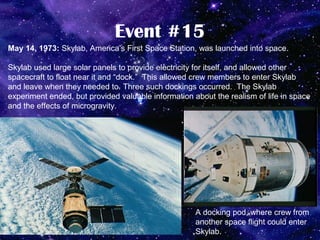 Event #15
May 14, 1973: Skylab, America’s First Space Station, was launched into space.

Skylab used large solar panels to provide electricity for itself, and allowed other
spacecraft to float near it and “dock.” This allowed crew members to enter Skylab
and leave when they needed to. Three such dockings occurred. The Skylab
experiment ended, but provided valuable information about the realism of life in space
and the effects of microgravity.




                                                     A docking pod, where crew from
                                                     another space flight could enter
                                                     Skylab.
 