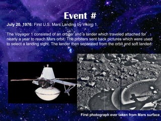 Event #
July 20, 1976: First U.S. Mars Landing by Viking 1.

The Voyager 1 consisted of an orbiter and a lander which traveled attached for
nearly a year to reach Mars orbit. The orbiters sent back pictures which were used
to select a landing sight. The lander then separated from the orbit and soft landed.




                                          First photograph ever taken from Mars surface
 