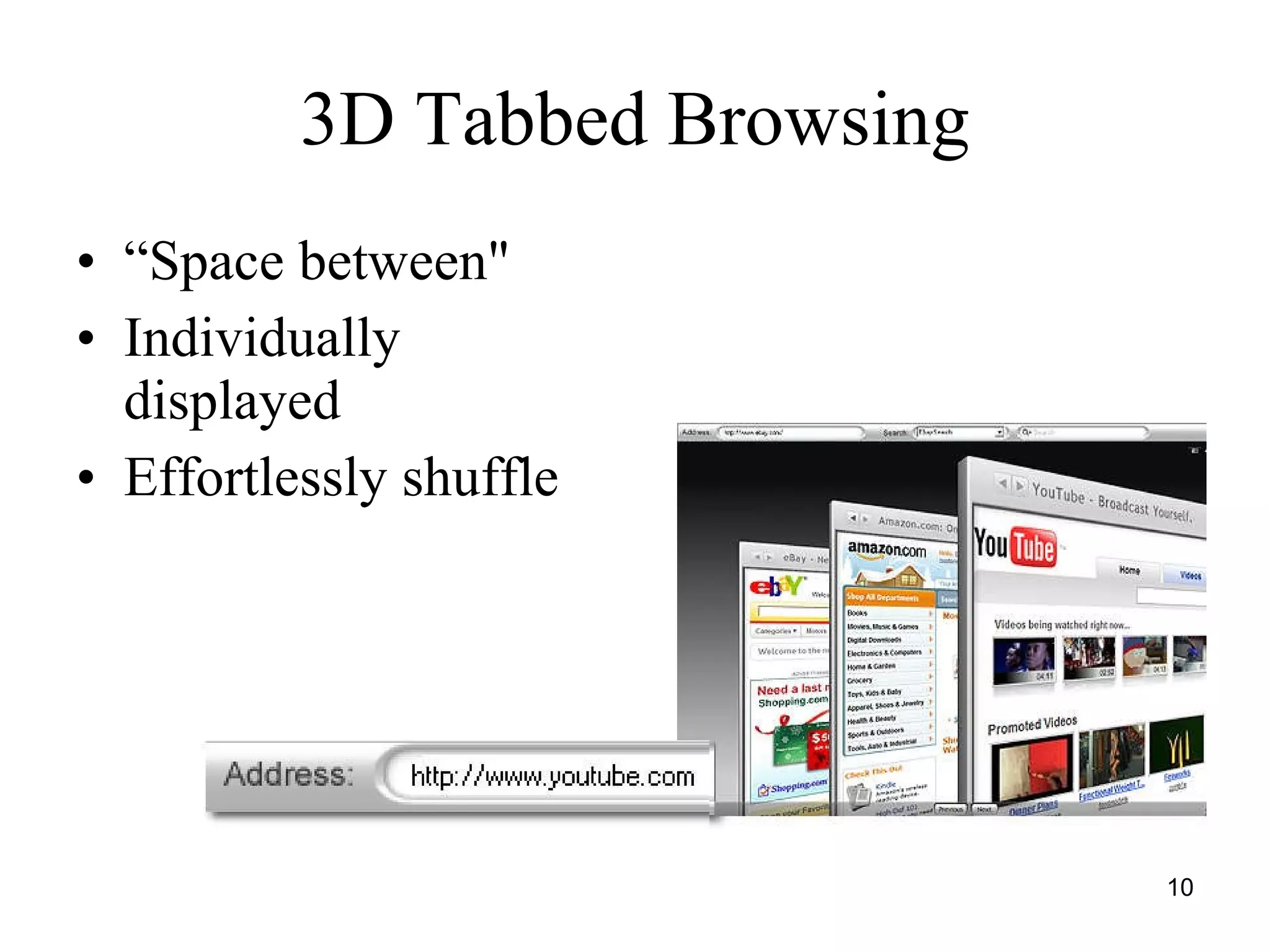 3D Tabbed Browsing   “ Space between"  Individually displayed  Effortlessly shuffle  