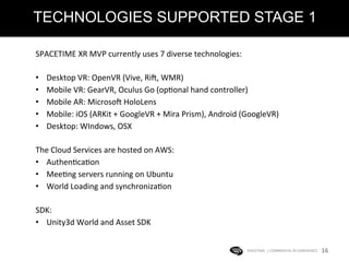 TECHNOLOGIES SUPPORTED STAGE 1
SPACETIME	
  	
  |	
  COMMERCIAL	
  IN	
  CONFIDENCE	
  	
   16	
  
SPACETIME	
  XR	
  MVP	
  currently	
  uses	
  7	
  diverse	
  technologies:	
  
	
  
•  Desktop	
  VR:	
  OpenVR	
  (Vive,	
  RiW,	
  WMR)	
  
•  Mobile	
  VR:	
  GearVR,	
  Oculus	
  Go	
  (opKonal	
  hand	
  controller)	
  
•  Mobile	
  AR:	
  MicrosoW	
  HoloLens	
  
•  Mobile:	
  iOS	
  (ARKit	
  +	
  GoogleVR	
  +	
  Mira	
  Prism),	
  Android	
  (GoogleVR)	
  
•  Desktop:	
  WIndows,	
  OSX	
  
The	
  Cloud	
  Services	
  are	
  hosted	
  on	
  AWS:	
  
•  AuthenKcaKon	
  	
  
•  MeeKng	
  servers	
  running	
  on	
  Ubuntu	
  	
  
•  World	
  Loading	
  and	
  synchronizaKon	
  
	
  
SDK:	
  
•  Unity3d	
  World	
  and	
  Asset	
  SDK	
  
 