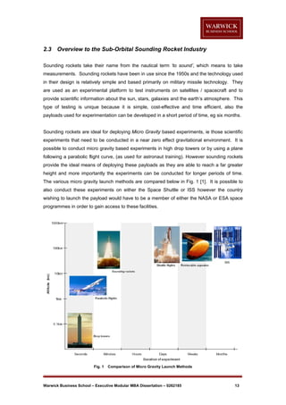 2.3

Overview to the Sub-Orbital Sounding Rocket Industry

Sounding rockets take their name from the nautical term ‘to sound’, which means to take
measurements. Sounding rockets have been in use since the 1950s and the technology used
in their design is relatively simple and based primarily on military missile technology. They
are used as an experimental platform to test instruments on satellites / spacecraft and to
provide scientific information about the sun, stars, galaxies and the earth’s atmosphere. This
type of testing is unique because it is simple, cost-effective and time efficient, also the
payloads used for experimentation can be developed in a short period of time, eg six months.

Sounding rockets are ideal for deploying Micro Gravity based experiments, ie those scientific
experiments that need to be conducted in a near zero effect gravitational environment. It is
possible to conduct micro gravity based experiments in high drop towers or by using a plane
following a parabolic flight curve, (as used for astronaut training). However sounding rockets
provide the ideal means of deploying these payloads as they are able to reach a far greater
height and more importantly the experiments can be conducted for longer periods of time.
The various micro gravity launch methods are compared below in Fig. 1 [1]. It is possible to
also conduct these experiments on either the Space Shuttle or ISS however the country
wishing to launch the payload would have to be a member of either the NASA or ESA space
programmes in order to gain access to these facilities.

Fig. 1

Comparison of Micro Gravity Launch Methods

Warwick Business School – Executive Modular MBA Dissertation – 0262185

13

 