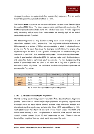 minutes and employed two stage rockets from surplus military equipment. They are able to
launch 100kg scientific payloads to an altitude of 140km.

The Swedish Maser programme was started in 1986 and is managed by the Swedish Space
Corporation, (SSC), Solna. The Maser programme also used Skylark VII rocket motors. The
first Maser payload was launched in March 1987 with their latest Maser 10 rocket programme
being successfully flown in March 2005. These rockets are relatively large and are able to
carry multiple payloads if required.

The Maxus Programme is a long duration sounding rocket service developed as a joint
development between EADS-ST and the SSC. This programme is capable of launching a
780kg payload to an apogee of 715km which corresponds to about 13 minutes of microgravity time. As the rocket flies above the Esrange’s limit of 300km, the range’s safety
regulations require the Maxus to have a guidance control system and a self destruct system.
The Maxus rocket is ESA’s most powerful sounding rocket. The last Maxus sounding rocket,
number 6, was launched in November 2004, this particular rocket cost $12million to launch
and successfully deployed eight micro gravity experiments. The next European sounding
rockets to be launched will be the Maxus 7 and Texus 43, in May 2006 as part of ESA’s
ELIPS micro gravity programme. The current ESA funded sounding rocket programmes are
summarised in Fig.4 below:-

Fig. 4 Current ESA Supported Sounding Rocket Programmes

2.3.1.2

U.S Based Sounding Rocket Programmes

The U.S sounding rocket industry is centred around the NASA Sounding Rocket Programme
(NSRP).

The NSRP is a suborbital space flight programme that primarily supports NASA

sponsored space and earth science research activities, other government agencies and
international sounding rocket groups and scientists. Since NSRP was established in 1959,
nearly 2800 missions have flown with an overall science mission success rate of 86% and
launch vehicle reliability of 96%. The programme is a low cost, quick response effort that
currently provides between 20 and 30 flight opportunities per year.

These rockets are

launched from a variety of fixed and mobile launch sites around the world.

Warwick Business School – Executive Modular MBA Dissertation – 0262185

17

 