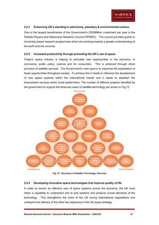 2.5.1

Enhancing UK’s standing in astronomy, planetary & environmental science

One of the largest beneficiaries of the Government’s £200Million investment per year is the
Particle Physics and Astronomy Research Council (PPARC). The council provides grants to
University based research programmes which are working towards a greater understanding of
the earth and the universe.
2.5.2

Increased productivity through promoting the UK’s use of space

Today’s space industry is helping to stimulate new opportunities in the economy, in
commerce, public policy, science and for consumers.

This is achieved through direct

provision of satellite services. The Government’s main goal is to maximise the exploitation of
these opportunities throughout society. To achieve this it needs to influence the development
of new space systems within the international market and it needs to establish the
downstream services which could exploit them. The number of different projects identified by
the government to support the three key users of satellite technology are shown in Fig.12

Fig. 12 Key Users of Satellite Technology / Services

2.5.3

Developing innovative space technologies that improve quality of life

In order to remain an effective user of space systems across the economy, the UK must
retain a capability to understand end to end systems and produce crucial elements of the
technology.

This strengthens the voice of the UK during International negotiations and

underpins the delivery of the other two objectives in the UK space strategy.

Warwick Business School – Executive Modular MBA Dissertation – 0262185

27

 