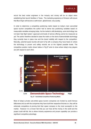 recruit the best rocket engineers in the industry and money will be no object when
establishing their launch facilities in Texas. The marketing experience of Amazon will ensure
that Blue Origin will become a well known global brand, very quickly.

In order to determine a competitive positioning matrix based on today’s main sub-orbital
space tourism competitors the author had to derive two positioning variables based on
measurable variables emerging today. As the market is still developing, some technology has
not been fully flight tested / approved and levels of service offering cannot be measured as
yet. The author therefore decided to base the matrix on the level of demonstrable technology
they currently have in place now and the brand visibility with respect to the competition.
Naturally, potential space tourists will want to fly with a company they have heard of, where
the technology is proven and safety records are at the highest possible levels. The
competitive position matrix shown below in Fig.27 aims to show where today’s key players
are with respect to each other.

Fig. 27 Sub-Orbital Competitive Positioning Matrix

Most of today’s private sub-orbital space tourism companies are funded by world famous
billionaires and as with the companies they have built their respective fortunes on, they will be
extremely competitive at proving that their space company is the most successful on the
market. However it is a known fact that you can have all the money in the world and the
project could still fail, this is where industry experience and proven capability can provide a
significant competitive advantage.

Warwick Business School – Executive Modular MBA Dissertation – 0262185

46

 