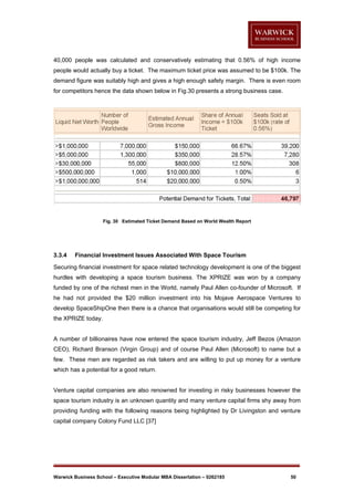 40,000 people was calculated and conservatively estimating that 0.56% of high income
people would actually buy a ticket. The maximum ticket price was assumed to be $100k. The
demand figure was suitably high and gives a high enough safety margin. There is even room
for competitors hence the data shown below in Fig.30 presents a strong business case.

Fig. 30 Estimated Ticket Demand Based on World Wealth Report

3.3.4

Financial Investment Issues Associated With Space Tourism

Securing financial investment for space related technology development is one of the biggest
hurdles with developing a space tourism business. The XPRIZE was won by a company
funded by one of the richest men in the World, namely Paul Allen co-founder of Microsoft. If
he had not provided the $20 million investment into his Mojave Aerospace Ventures to
develop SpaceShipOne then there is a chance that organisations would still be competing for
the XPRIZE today.

A number of billionaires have now entered the space tourism industry, Jeff Bezos (Amazon
CEO), Richard Branson (Virgin Group) and of course Paul Allen (Microsoft) to name but a
few. These men are regarded as risk takers and are willing to put up money for a venture
which has a potential for a good return.

Venture capital companies are also renowned for investing in risky businesses however the
space tourism industry is an unknown quantity and many venture capital firms shy away from
providing funding with the following reasons being highlighted by Dr Livingston and venture
capital company Colony Fund LLC [37]

Warwick Business School – Executive Modular MBA Dissertation – 0262185

50

 