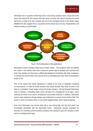 Starchaser are in a position where they have a very strong company name, unique and at the
same time relevant to the industry that they serve, but they now need to develop the brand
still further in order to try and compete with one of the strongest brands in the World, Virgin.
Dibb&Simkin [43] suggest that a successful brand should have six key characteristics and
these are shown in Fig.40 below.

Fig. 40 The Characteristics of a Successful Brand

Starchaser’s brand currently meets three of these criteria. The company name and identity
are unique in the market, they have a long term growth plan to develop their business and
enter new markets and they have a differential strategy for competing with other companies.
To develop the brand further they need to focus on developing the other three characteristics
shown in red.

One of the issues that needs addressing is related to the area of integrated marketing
communications. In order to further develop their brand strength they need to ensure that
there is a consistent ‘brand image’ across the whole company. Moving forwards Starchaser
need to develop a Branding Guide which will allow the management of all logos, colour
schemes and fonts to be used in all electronic and printed materials. In addition, Starchaser
need to start registering all logo designs and trademarks to prevent brand identity theft. The
brand, in terms of company name, is one of their biggest assets, which needs protecting.

Ever since Starchaser was formed they had a very strong logo and text font which was
immediately identifiable with the Starchaser brand.

Starchaser recently employed the

services of a marketing communications company who decided to give the company a fresh
look by re-designing their logo.

Warwick Business School – Executive Modular MBA Dissertation – 0262185

61

 