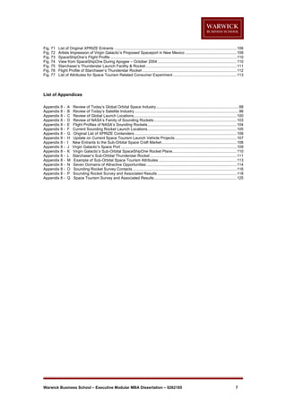 Fig. 71
Fig. 72
Fig. 73
Fig. 74
Fig. 75
Fig. 76
Fig. 77

List of Original XPRIZE Entrants .................................................................................................................. 106
Artists Impression of Virgin Galactic’s Proposed Spaceport in New Mexico ................................................ 109
SpaceShipOne’s Flight Profile ...................................................................................................................... 110
View from SpaceShipOne During Apogee – October 2004 .......................................................................... 110
Starchaser’s Thunderstar Launch Facility & Rocket ..................................................................................... 111
Flight Profile of Starchaser’s Thunderstar Rocket ........................................................................................ 112
List of Attributes for Space Tourism Related Consumer Experiment ........................................................... 113

List of Appendices
Appendix 8 Appendix 8 Appendix 8 Appendix 8 Appendix 8 Appendix 8 Appendix 8 Appendix 8 Appendix 8 Appendix 8 Appendix 8 Appendix 8 Appendix 8 Appendix 8 Appendix 8 Appendix 8 Appendix 8 -

A
B
C
D
E
F
G
H
I
J
K
L
M
N
O
P
Q

Review of Today’s Global Orbital Space Industry ............................................................................. 88
Review of Today’s Satellite Industry ................................................................................................. 96
Review of Global Launch Locations ................................................................................................ 100
Review of NASA’s Family of Sounding Rockets ............................................................................. 103
Flight Profiles of NASA’s Sounding Rockets ................................................................................... 104
Current Sounding Rocket Launch Locations ................................................................................... 105
Original List of XPRIZE Contenders ............................................................................................... 106
Update on Current Space Tourism Launch Vehicle Projects.......................................................... 107
New Entrants to the Sub-Orbital Space Craft Market ...................................................................... 108
Virgin Galactic’s Space Port ............................................................................................................ 109
Virgin Galactic’s Sub-Orbital SpaceShipOne Rocket Plane............................................................ 110
Starchaser’s Sub-Orbital Thunderstar Rocket ................................................................................. 111
Example of Sub-Orbital Space Tourism Attributes ......................................................................... 113
Seven Domains of Attractive Opportunities .................................................................................... 114
Sounding Rocket Survey Contacts ................................................................................................. 116
Sounding Rocket Survey and Associated Results .......................................................................... 118
Space Tourism Survey and Associated Results ............................................................................. 125

Warwick Business School – Executive Modular MBA Dissertation – 0262185

7

 