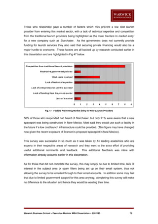 Those who responded gave a number of factors which may prevent a low cost launch
provider from entering this market sector, with a lack of technical expertise and competition
from the traditional launch providers being highlighted as the main ‘barriers to market entry’
for a new company such as Starchaser.

As the government does not currently provide

funding for launch services they also said that securing private financing would also be a
major hurdle to overcome. These factors are all backed up by research conducted earlier in
this dissertation and are highlighted in Fig 47 below.

Com petition from traditional launch providers
Restrictive governm ent policies
High costs involved
Lack of technical expertise
Lack of entrepreneurial spirit to succeed
Lack of funding from the private sector
Lack of a m arket
0

1

2

3

4

5

6

7

8

9

Fig. 47 Factors Preventing Market Entry for New Launch Providers

50% of those who responded had heard of Starchaser, but only 21% were aware that a new
spaceport was being constructed in New Mexico. Most said they would use such a facility in
the future if a low cost launch infrastructure could be provided. (This figure may have changed
now given the recent exposure of Branson’s proposed spaceport in New Mexico).

This survey was successful in so much as it was taken by 14 leading academics who are
experts in their respective areas of research and they went to the extra effort of providing
useful additional comments and feedback.

This additional feedback was inline with

information already acquired earlier in this dissertation.

As for those that did not complete the survey, this may simply be due to limited time, lack of
interest in the subject area or spam filters being set up on their email system, thus not
allowing the survey to be emailed through to their email accounts. In addition some may feel
that due to limited government support for this area anyway, completing this survey will make
no difference to the situation and hence they would be wasting their time.

Warwick Business School – Executive Modular MBA Dissertation – 0262185

70

 