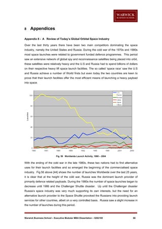 8

Appendices

Appendix 8 - A Review of Today’s Global Orbital Space Industry
Over the last thirty years there have been two main competitors dominating the space
industry, namely the United States and Russia. During the cold war of the 1970s and 1980s
most space launches were related to government funded defence programmes. This period
saw an extensive network of global spy and reconnaissance satellites being placed into orbit,
these satellites were relatively heavy and the U.S and Russia had to spend billions of dollars
on their respective heavy lift space launch facilities. The so called ‘space race’ saw the U.S
and Russia achieve a number of World firsts but even today the two countries are keen to
prove that their launch facilities offer the most efficient means of launching a heavy payload
into space.

Fig. 56 Worldwide Launch Activity, 1980 – 2004

With the ending of the cold war in the late 1980s, these two nations had to find alternative
uses for their launch facilities and so emerged the beginning of the commercialised space
industry. Fig.56 above [44] shows the number of launches Worldwide over the last 25 years,
it is clear that at the height of the cold war, Russia was the dominant launch provider of
primarily defence related payloads. During the 1980s the number of space launches began to
decrease until 1986 and the Challenger Shuttle disaster. Up until the Challenger disaster
Russia’s space industry was very much supporting its own interests, but the need for an
alternative launch provider to the Space Shuttle provoked the Russians into providing launch
services for other countries, albeit on a very controlled basis. Russia saw a slight increase in
the number of launches during this period.

Warwick Business School – Executive Modular MBA Dissertation – 0262185

88

 