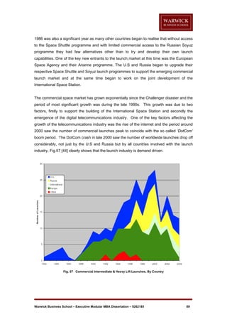 1986 was also a significant year as many other countries began to realise that without access
to the Space Shuttle programme and with limited commercial access to the Russian Soyuz
programme they had few alternatives other than to try and develop their own launch
capabilities. One of the key new entrants to the launch market at this time was the European
Space Agency and their Arianne programme. The U.S and Russia began to upgrade their
respective Space Shuttle and Soyuz launch programmes to support the emerging commercial
launch market and at the same time began to work on the joint development of the
International Space Station.

The commercial space market has grown exponentially since the Challenger disaster and the
period of most significant growth was during the late 1990s. This growth was due to two
factors, firstly to support the building of the International Space Station and secondly the
emergence of the digital telecommunications industry. One of the key factors affecting the
growth of the telecommunications industry was the rise of the internet and the period around
2000 saw the number of commercial launches peak to coincide with the so called ‘DotCom’
boom period. The DotCom crash in late 2000 saw the number of worldwide launches drop off
considerably, not just by the U.S and Russia but by all countries involved with the launch
industry. Fig.57 [44] clearly shows that the launch industry is demand driven.

Fig. 57 Commercial Intermediate & Heavy Lift Launches, By Country

Warwick Business School – Executive Modular MBA Dissertation – 0262185

89

 