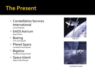The PresentConstellation Services InternationalLunar ExpressEADS AstriumSpace PlaneBoeing CST-100 CapsulePlanet SpaceCanadian Arrow RocketBigelowSundancer Space HotelSpace IslandSpace Hotel DesignsAstriumSundancer Hotel