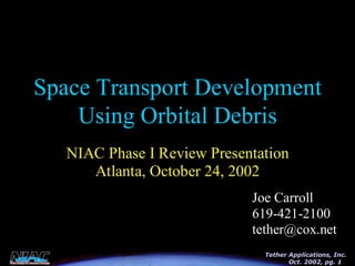Space Transport Development 
Using Orbital Debris 
NIAC Phase I Review Presentation 
All PAGES COPYWRITE TAI 2002 
Tether Applications, Inc. 
Oct. 2002, pg. 1 
Atlanta, October 24, 2002 
Joe Carroll 
619-421-2100 
tether@cox.net 
 