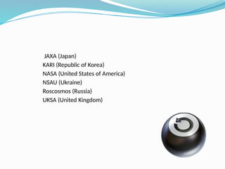 JAXA (Japan)
KARI (Republic of Korea)
NASA (United States of America)
NSAU (Ukraine)
Roscosmos (Russia)
UKSA (United Kingdom)
 