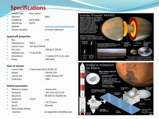 Specifications
 Mission type : Mars orbiter
 Operator : ISRO
 COSPAR ID : 2013-060A
 SATCAT No. : 39370
 Website : www.isro.org/mars/home.aspx
 Mission duration : 6 months (planned)
Spacecraft properties
 Bus : I-1K
 Manufacturer : ISAC L
 Launch mass : 337 kg (2,948 lb)
 Dry mass : 500 kg (1,100 lb)
 Payload mass : 15 kg (33 lb)
 Dimensions : 5 metres (4 ft 11 in) cube
 Power : 840 watts
Start of mission
 Launch date : 5 November 2013, 09:08 UTC
 Rocket : PSLV-XL C25
 Launch site : Satish Dhawan FLP
 Contractor : ISRO
Orbital parameters
 Reference system : Areocentric
 Periareon : 365.3 km (227.0 mi)
 Apoareon : 80,000 km (50,000 mi)
 Inclination : 150.0°
 Period : 76.72 hours
 Epoch : Planned
 Mars orbiter Orbital
insertion :24 September 2014(Planned)
 