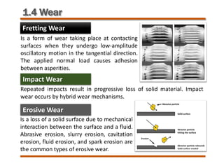 1.4 Wear
Fretting Wear
Is a form of wear taking place at contacting
surfaces when they undergo low-amplitude
oscillatory motion in the tangential direction.
The applied normal load causes adhesion
between asperities.
Impact Wear
Repeated impacts result in progressive loss of solid material. Impact
wear occurs by hybrid wear mechanisms.
Erosive Wear
Is a loss of a solid surface due to mechanical
interaction between the surface and a fluid.
Abrasive erosion, slurry erosion, cavitation
erosion, fluid erosion, and spark erosion are
the common types of erosive wear.
 