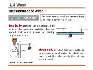 1.4 Wear
Measurement of Wear
Abrasion Wear Test
sand/rubber tribometer
The main testing methods are two-body
and three-body abrasion test.
Two-body abrasion can be simulated by
pins, of the specimen material, that are
loaded and rotated against a spinning
rough counterface
Three-body abrasion test was developed
to simulate wear situations in which low-
stress scratching abrasion is the primary
mode of wear.
 