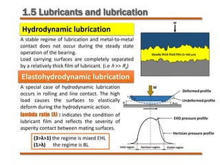 1.5 Lubricants and lubrication
Hydrodynamic lubrication
A stable regime of lubrication and metal-to-metal
contact does not occur during the steady state
operation of the bearing.
Load carrying surfaces are completely separated
by a relatively thick film of lubricant. (i.e h >> Ra)
Elastohydrodynamic lubrication
A special case of hydrodynamic lubrication
occurs in rolling and line contact. The high
load causes the surfaces to elastically
deform during the hydrodynamic action.
lambda ratio (λ) : indicates the condition of
lubricant film and reflects the severity of
asperity contact between mating surfaces.
(3>λ>1) the regime is mixed EHL
(1>λ) the regime is BL
 