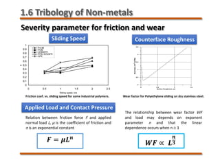 Severity parameter for friction and wear
Sliding Speed
Friction coef. vs. sliding speed for some industrial polymers.
Counterface Roughness
Wear factor for Polyethylene sliding on dry stainless steel.
Applied Load and Contact Pressure
𝑭𝑭 = 𝝁𝝁𝑳𝑳𝒏𝒏
𝑾𝑾𝑾𝑾 ∝ 𝑳𝑳
𝒏𝒏
𝟑𝟑
Relation between friction force F and applied
normal load L, µ is the coefficient of friction and
n is an exponential constant
The relationship between wear factor WF
and load may depends on exponent
parameter n and that the linear
dependence occurs when n ≅ 3
1.6 Tribology of Non-metals
 