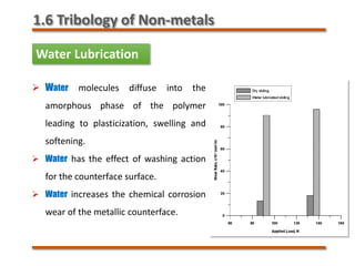 Water Lubrication
 Water molecules diffuse into the
amorphous phase of the polymer
leading to plasticization, swelling and
softening.
 Water has the effect of washing action
for the counterface surface.
 Water increases the chemical corrosion
wear of the metallic counterface.
1.6 Tribology of Non-metals
 