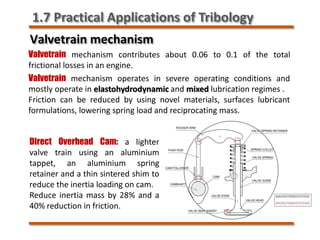 Valvetrain mechanism
Valvetrain mechanism contributes about 0.06 to 0.1 of the total
frictional losses in an engine.
Valvetrain mechanism operates in severe operating conditions and
mostly operate in elastohydrodynamic and mixed lubrication regimes .
Friction can be reduced by using novel materials, surfaces lubricant
formulations, lowering spring load and reciprocating mass.
Direct Overhead Cam: a lighter
valve train using an aluminium
tappet, an aluminium spring
retainer and a thin sintered shim to
reduce the inertia loading on cam.
Reduce inertia mass by 28% and a
40% reduction in friction.
1.7 Practical Applications of Tribology
 
