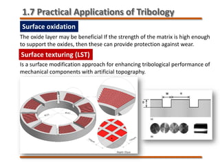 Surface oxidation
Surface texturing (LST)
The oxide layer may be beneficial If the strength of the matrix is high enough
to support the oxides, then these can provide protection against wear.
Is a surface modification approach for enhancing tribological performance of
mechanical components with artificial topography.
1.7 Practical Applications of Tribology
 