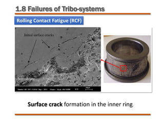 Rolling Contact Fatigue (RCF)
Surface crack formation in the inner ring.
1.8 Failures of Tribo-systems
 