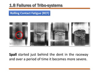 Rolling Contact Fatigue (RCF)
Spall started just behind the dent in the raceway
and over a period of time it becomes more severe.
1.8 Failures of Tribo-systems
 