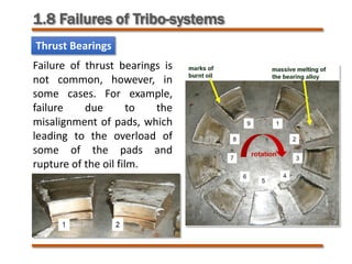 Thrust Bearings
Failure of thrust bearings is
not common, however, in
some cases. For example,
failure due to the
misalignment of pads, which
leading to the overload of
some of the pads and
rupture of the oil film.
1.8 Failures of Tribo-systems
 