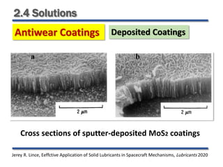 2.4 Solutions
Antiwear Coatings
Cross sections of sputter-deposited MoS2 coatings
Jerey R. Lince, Eeffctive Application of Solid Lubricants in Spacecraft Mechanisms, Lubricants 2020
Deposited Coatings
 