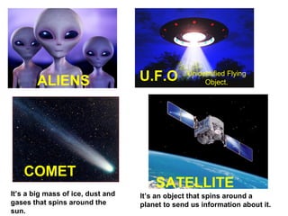 ALIENS

COMET
It’s a big mass of ice, dust and
gases that spins around the
sun.

U.F.O

Unidentified Flying
Object.

SATELLITE
It’s an object that spins around a
planet to send us information about it.

 