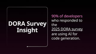 DORA Survey
Insight
90% of developers
who responded to
the
2025 DORA survey
are using AI for
code generation.
 