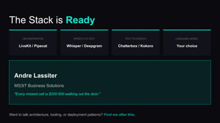 The Stack is Ready
ORCHESTRATION
LiveKit / Pipecat
SPEECH-TO-TEXT
Whisper / Deepgram
TEXT-TO-SPEECH
Chatterbox / Kokoro
LANGUAGE MODEL
Your choice
Andre Lassiter
MS3IT Business Solutions
"Every missed call is $200-500 walking out the door."
Want to talk architecture, tooling, or deployment patterns? Find me after this.
 