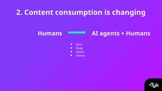 2. Content consumption is changing
AI agents + Humans
● Docs
● Blogs
● Videos
● Demos
Humans
 