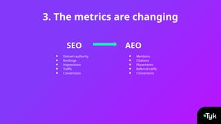 3. The metrics are changing
AEO
● Domain authority
● Rankings
● Impressions
● Traffic
● Conversions
SEO
● Mentions
● Citations
● Placements
● Referral traffic
● Conversions
 